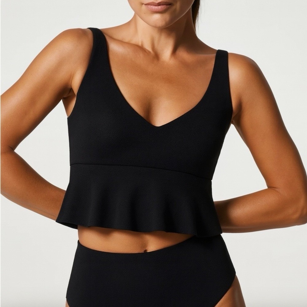 NEW Spanx Swim pique longline flounce swim top Crop Tankini Black Size SMALL - Picture 3 of 11